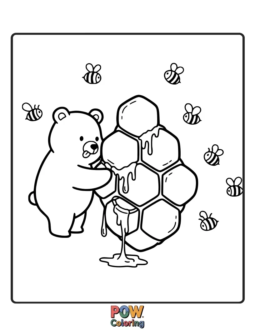 Free coloring page of A sleepy bear is trying to cast a spell to get more honey, but only flowers are appearing.