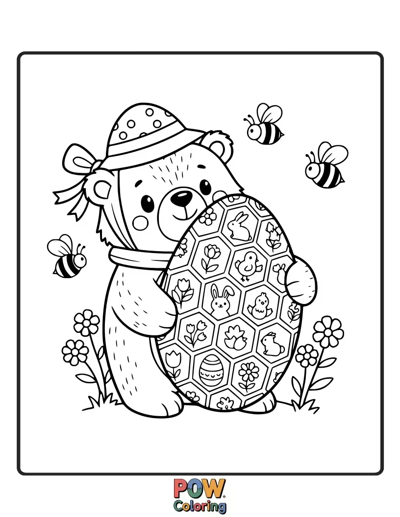 Free coloring page of A cuddly bear cub discovering a honeycomb filled with sweet, honey-colored Easter eggs.