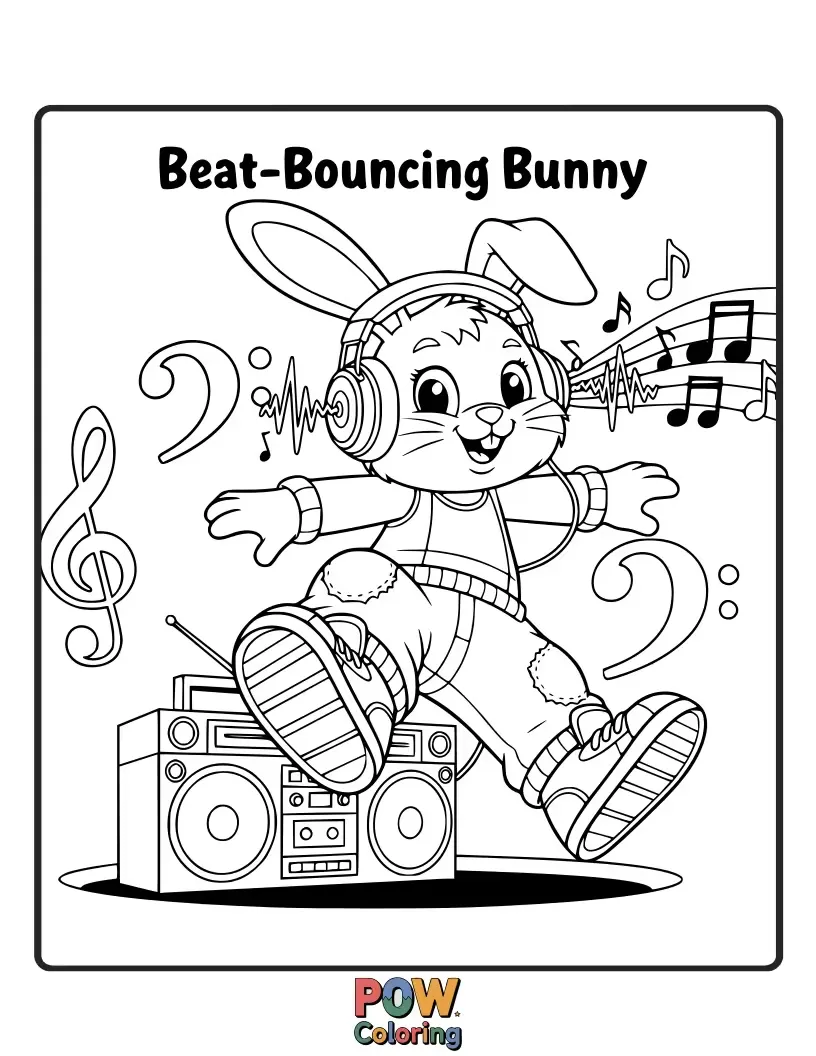 Free coloring page of A fluffy bunny wearing oversized sneakers, bouncing along to a hidden beat. Energetic, cute, and wonderfully rhythmic.