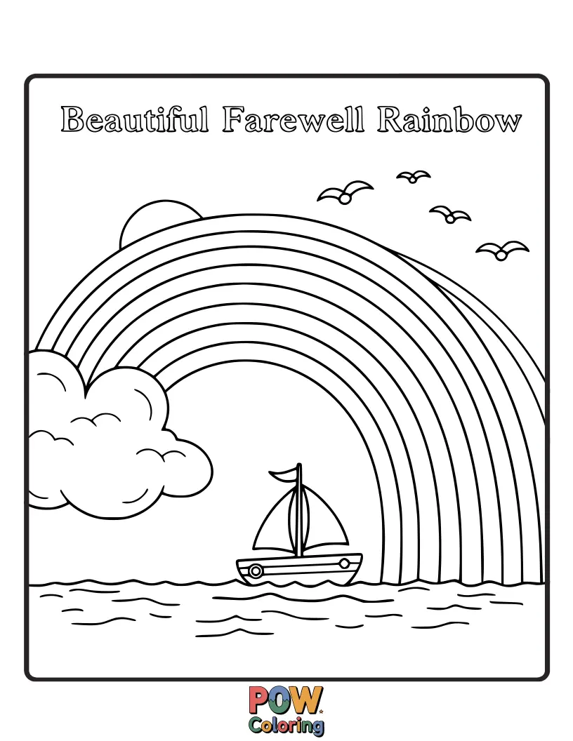 Free coloring page of A vibrant rainbow arching across the sky, with a small, friendly star peeking from behind it, waving.