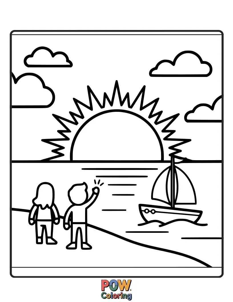 Free coloring page of A tranquil ocean scene with a boat sailing towards a gorgeous, colorful sunset over the water.
