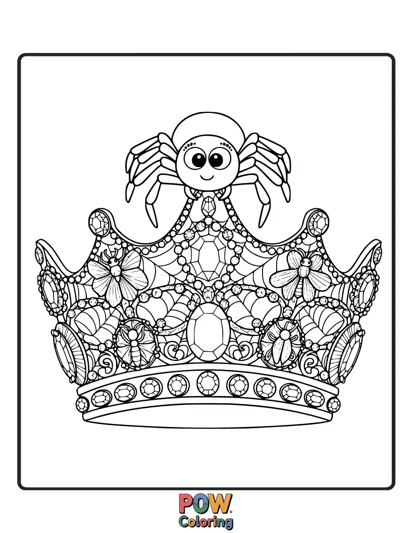 Free coloring page of A striking spider with a large, sparkling jewel adorning its head. Focuses on elegant and luxurious color accents.