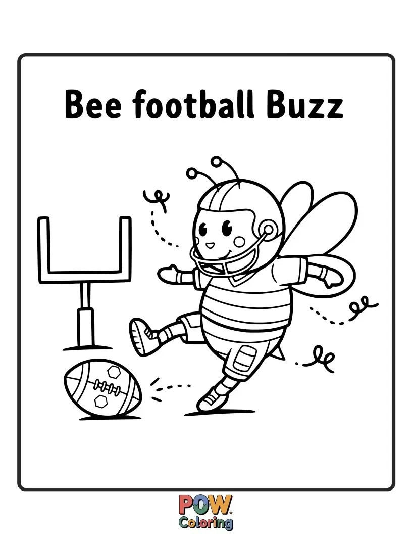 Free coloring page of A busy bee wearing a tiny helmet, delivering a football with a determined buzz. Industrious and cute.