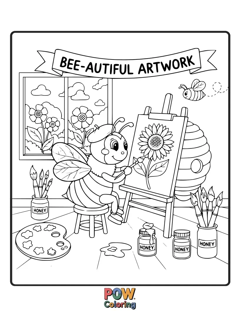 Free coloring page of A bee painting a masterpiece on a giant leaf, surrounded by colorful paints.
