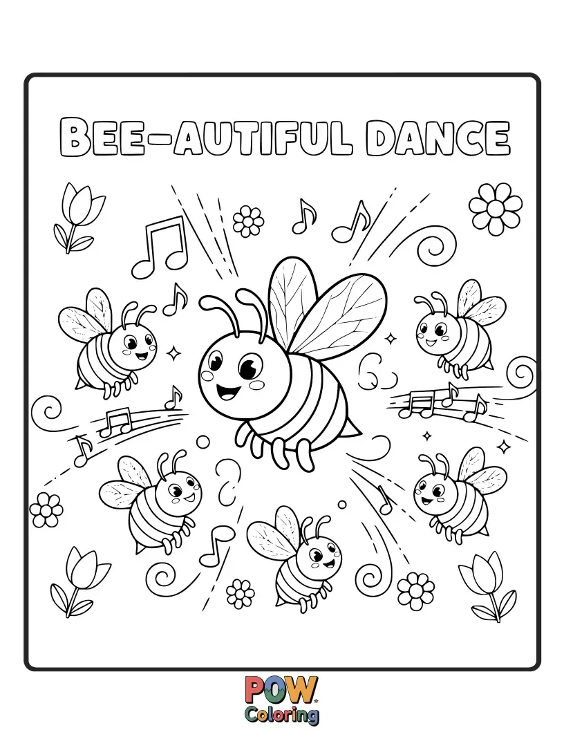 Free coloring page of A bee doing a ballet pose on a dandelion puff, graceful and light.