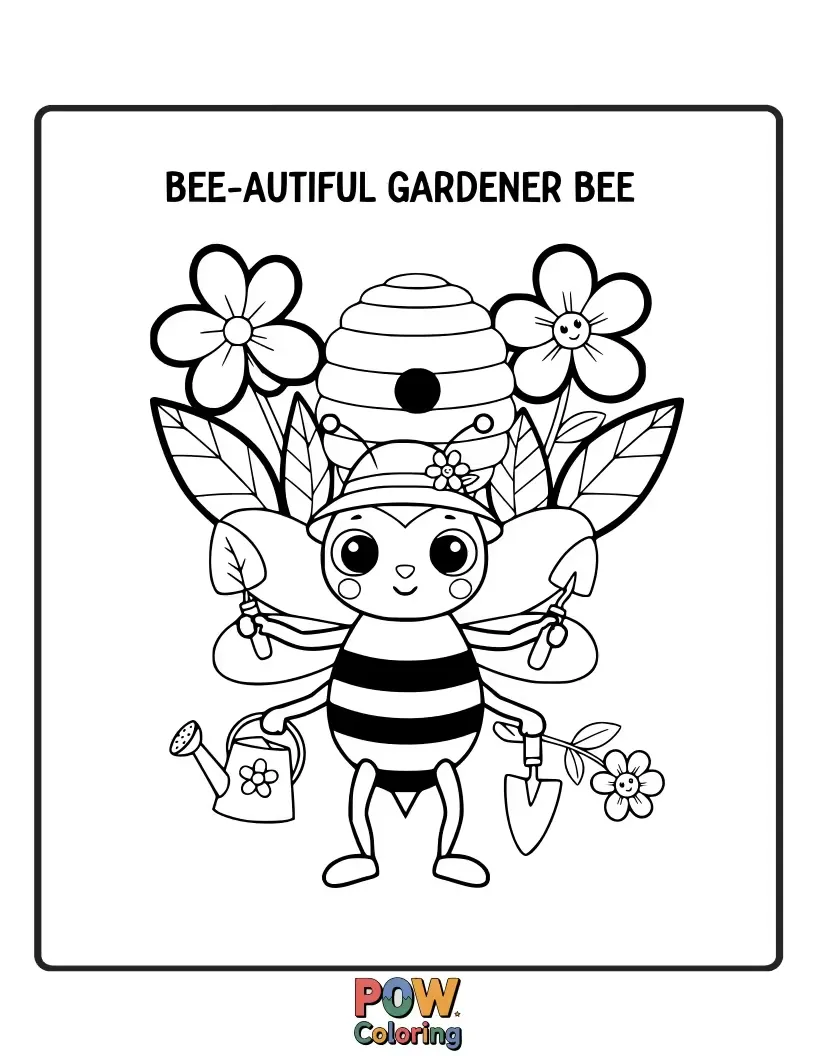 Free coloring page of A bee planting seeds in a tiny pot, a future bloom in its wings.