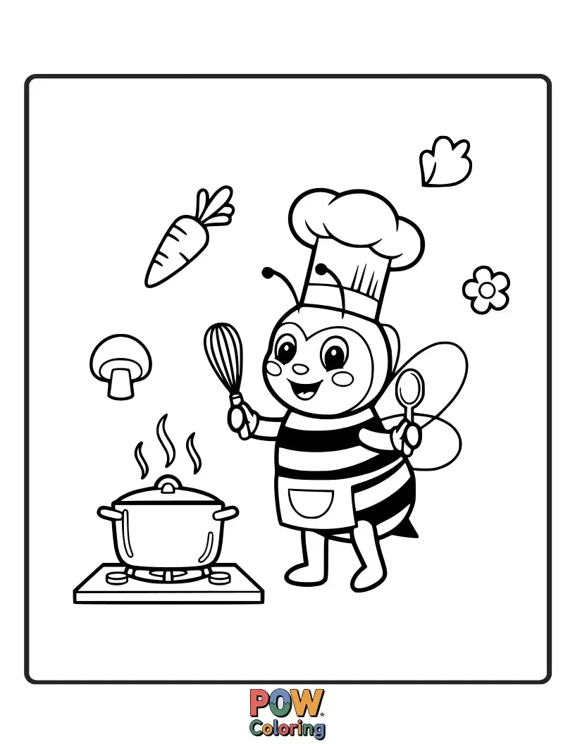 Free coloring page of A bee stirring a pot of bubbling honey stew, a culinary masterpiece in progress.