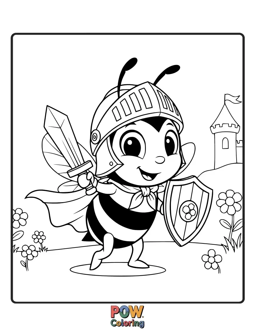 Free coloring page of A bee wearing armor, ready to defend the hive with its tiny sword.
