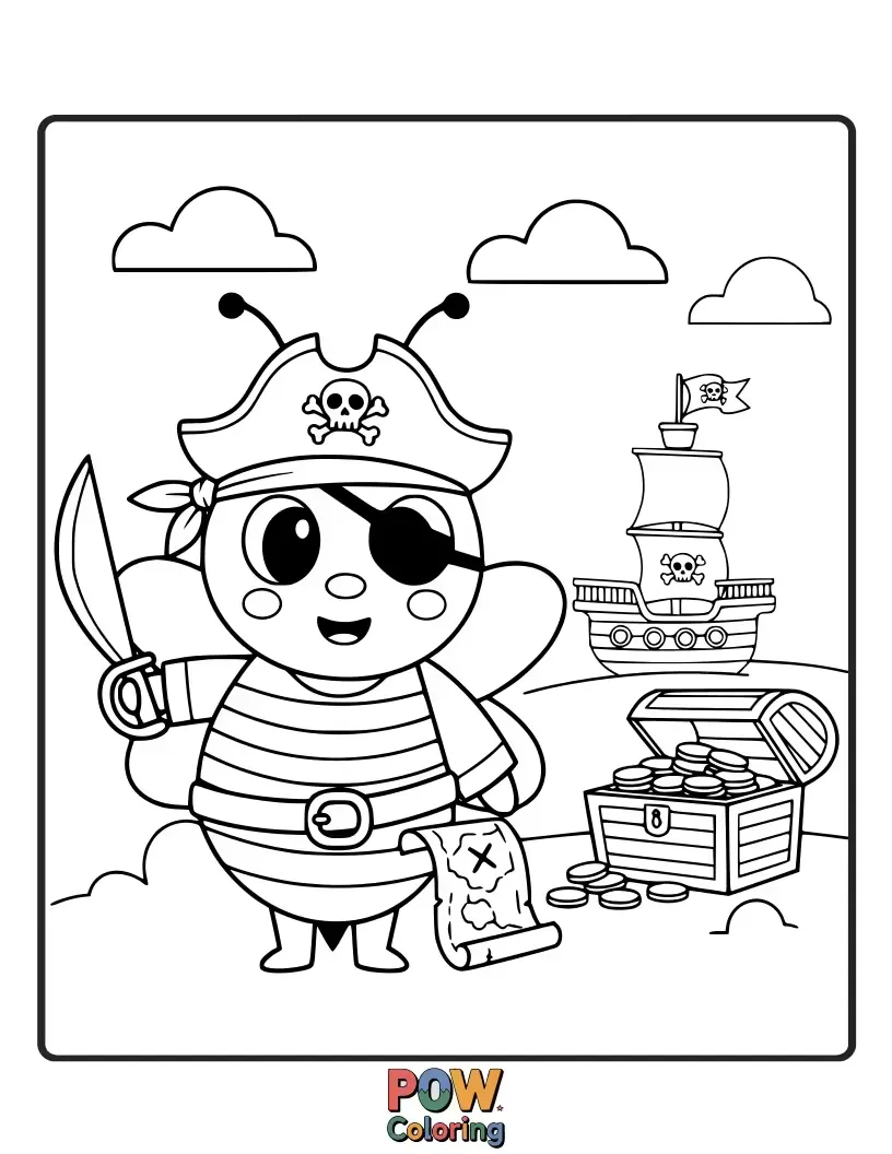 Free coloring page of A bee with an eyepatch and pirate hat, searching for buried treasure.