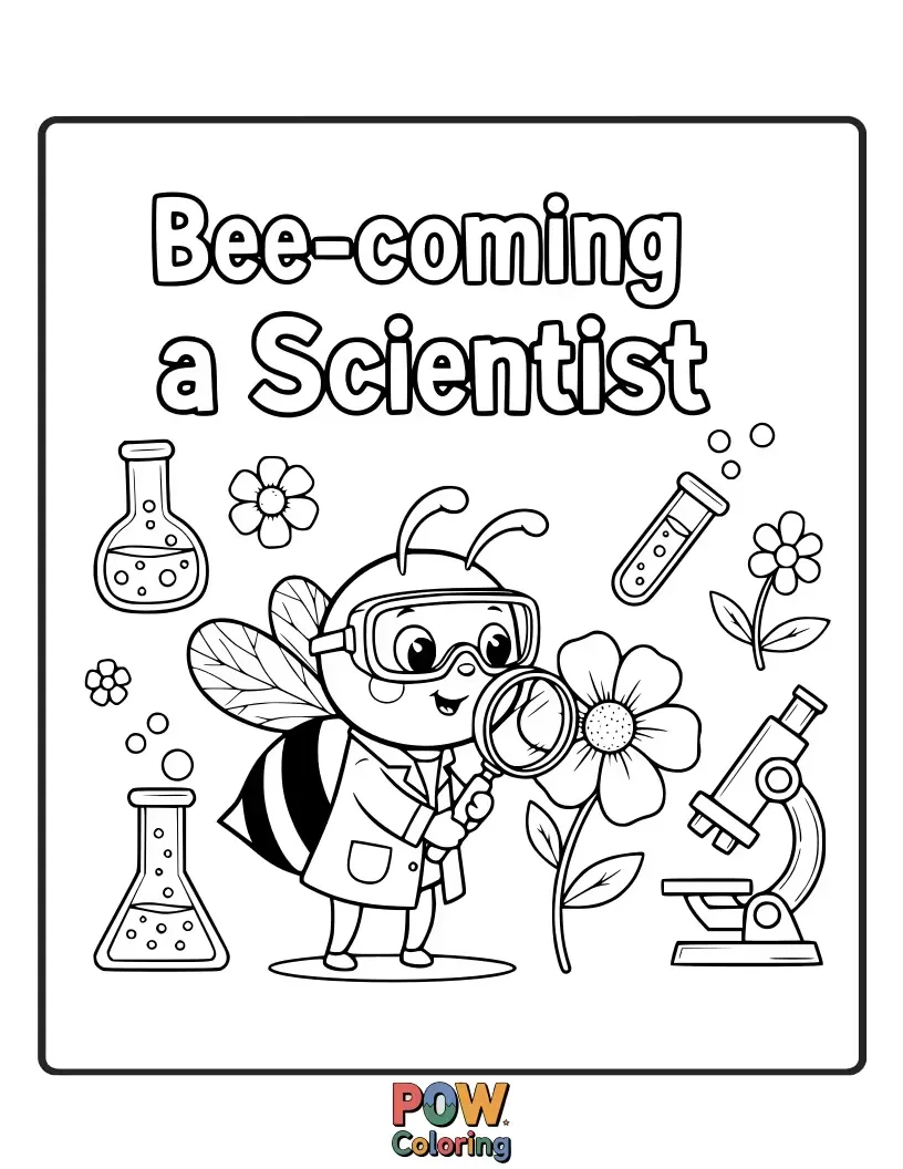 Free coloring page of A bee in a lab coat, examining a dewdrop under a magnifying glass.