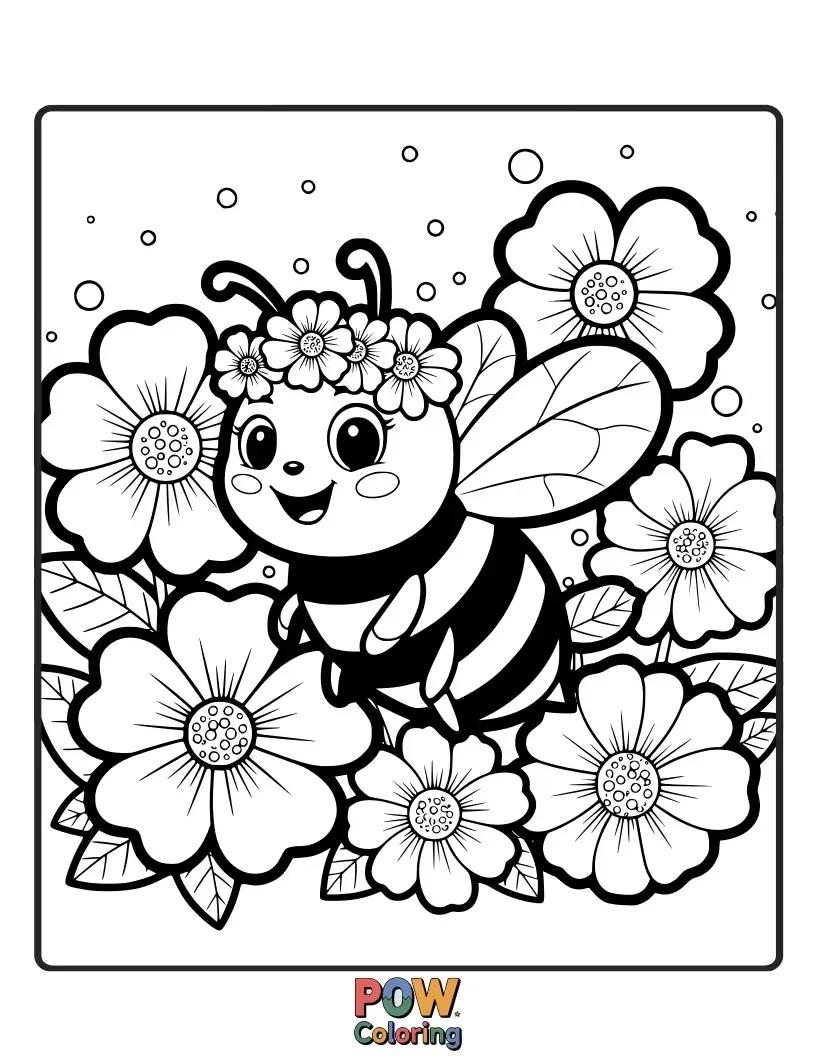 Free coloring page of A bee surrounded by sparkling flowers, its eyes wide with wonder.