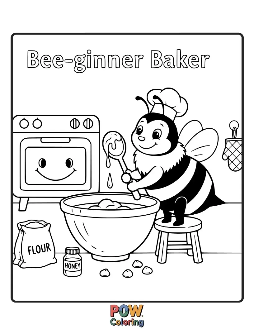 Free coloring page of A tiny bee wearing an apron, struggling to make a cupcake.