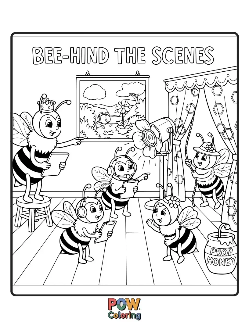 Free coloring page of A bee peeking out from behind a stage show, curious and playful.