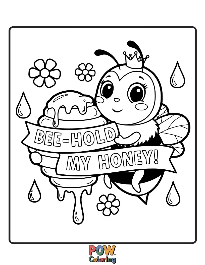 Free coloring page of A proud bee holding a giant jar of dripping honey, a delicious prize.