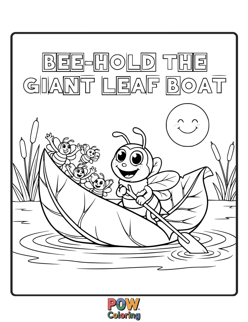 Free coloring page of A bee sailing across a puddle on a large leaf, an adventurous voyage.