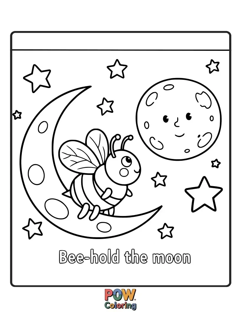 Free coloring page of A tiny bee gazing at a large, friendly moon, surrounded by stars.