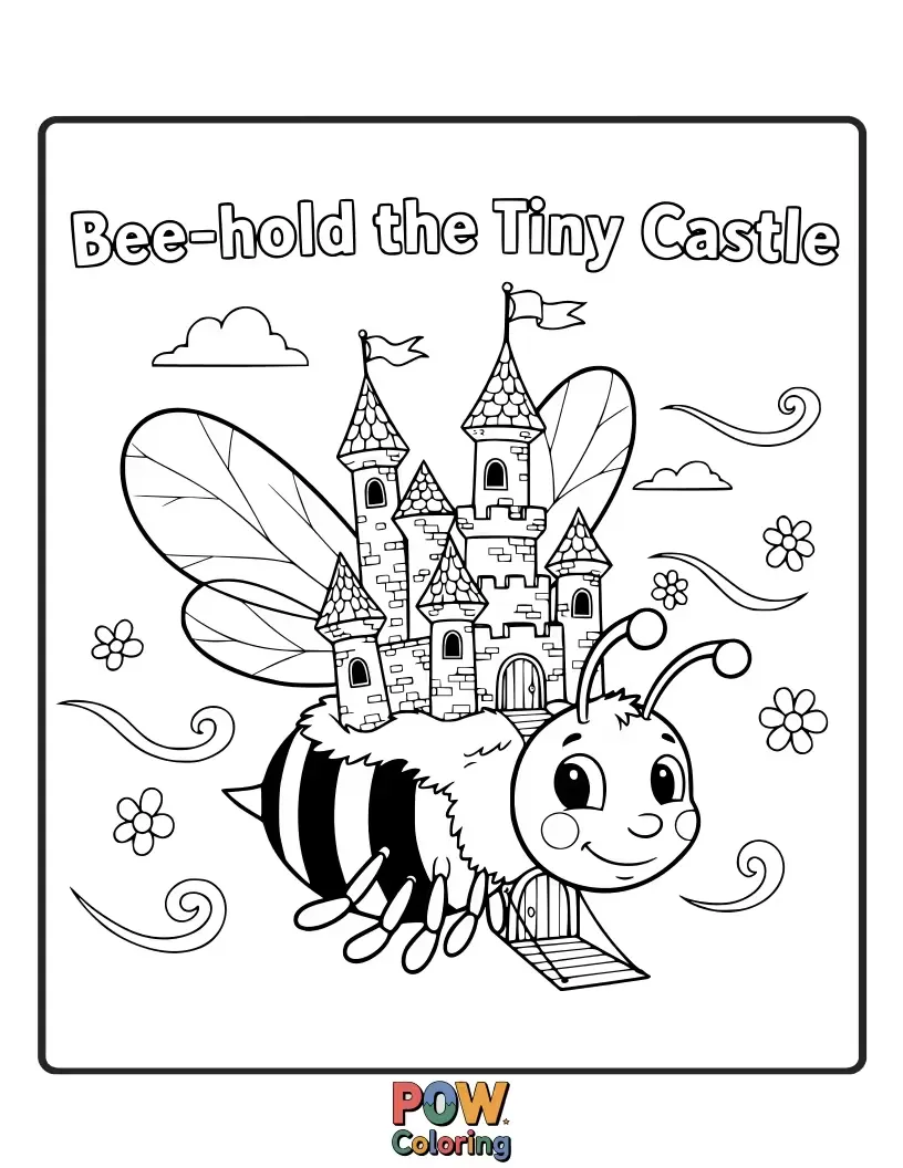 Free coloring page of A bee exploring a miniature castle made of twigs and leaves.