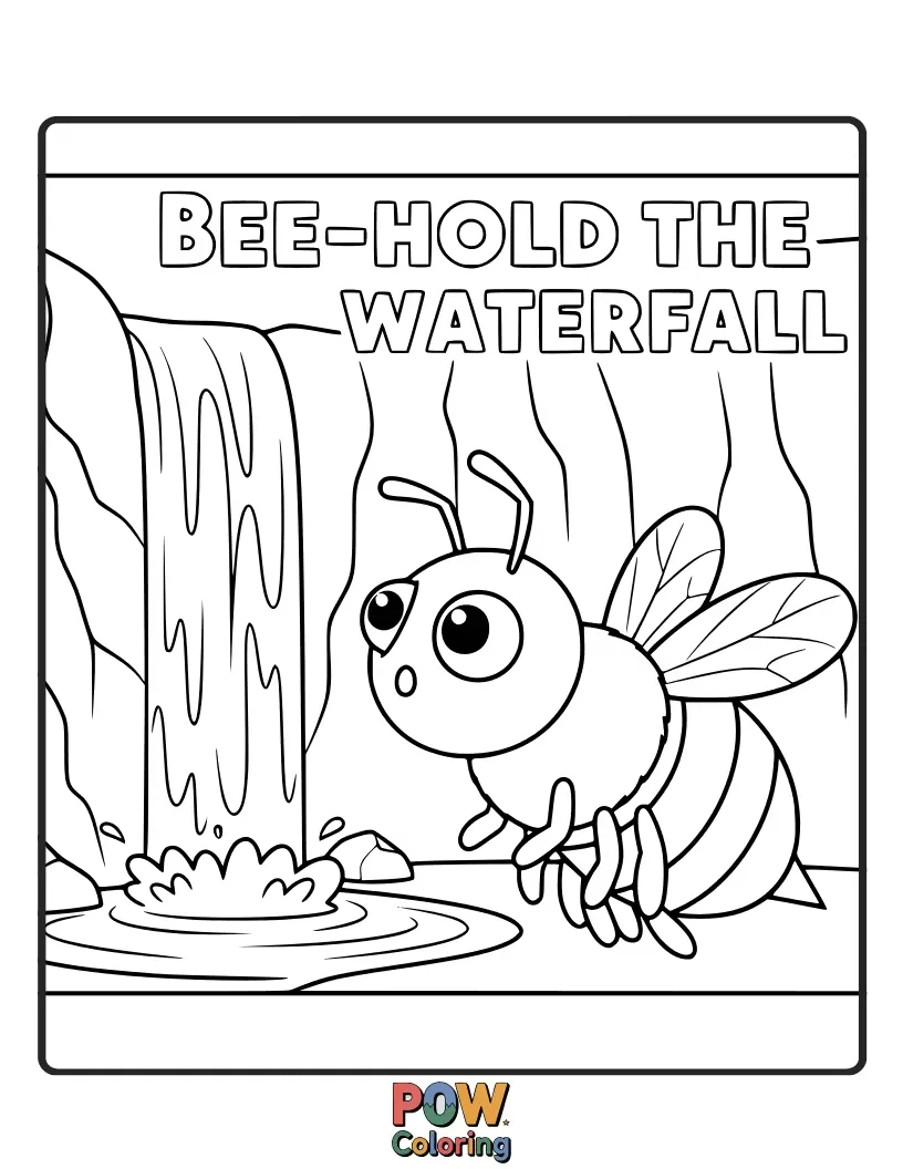 Free coloring page of A bee marveling at a tiny waterfall, droplets sparkling like diamonds.