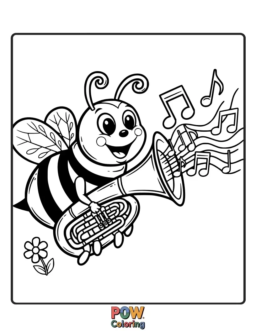 Free coloring page of A bee having a trumpet, grooving to its favorite tune of music.