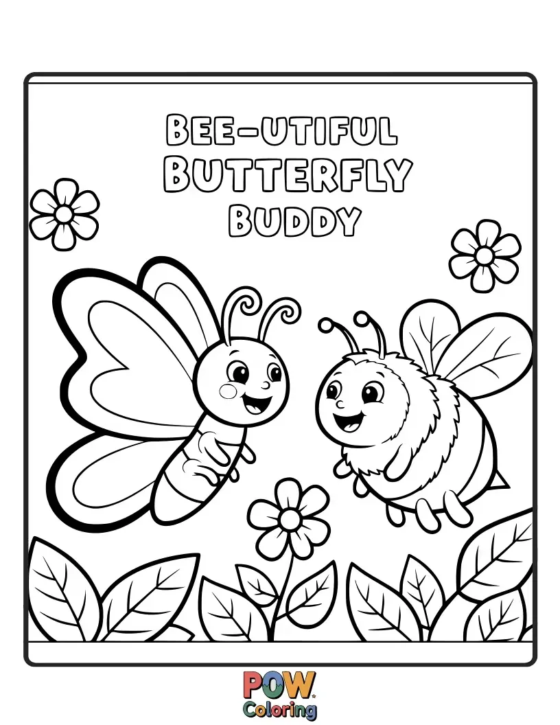 Free coloring page of A bee and a butterfly sharing a flower, best friends forever.