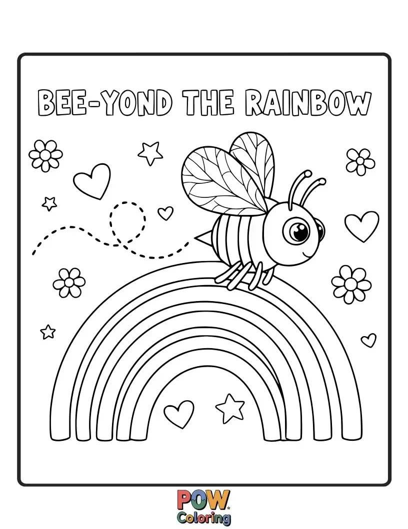 Free coloring page of A bee flying over a vibrant rainbow, leaving a trail of sparkles.