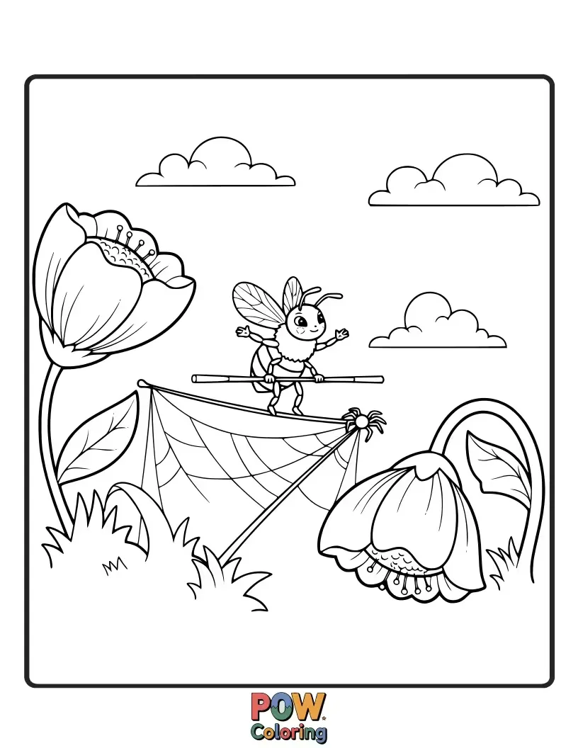 Free coloring page of A tiny bee gracefully walking across a delicate balance beam made of flower petals, practicing its focus.