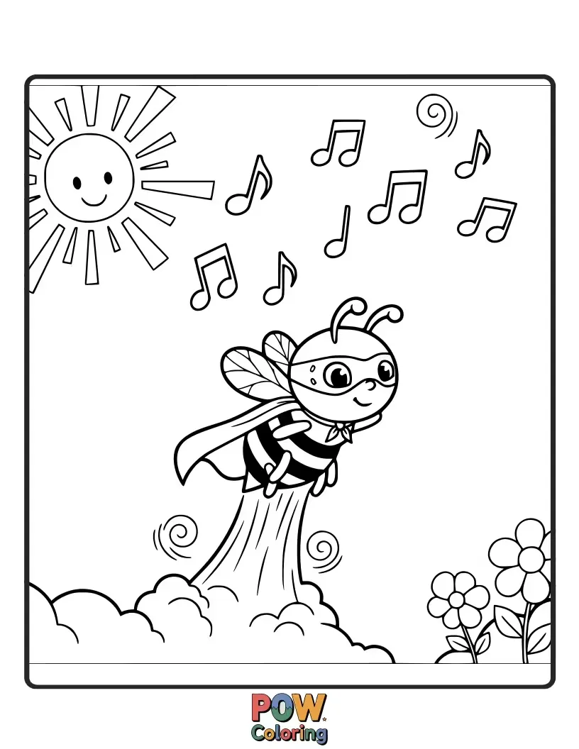 Free coloring page of A busy bee enthusiastically pedaling a tiny stationary bike, leaving a trail of pollen as it powers through its workout.