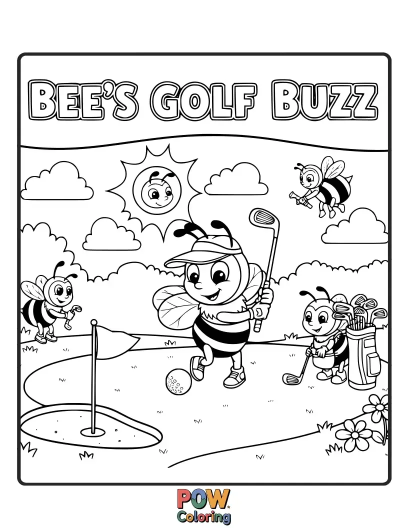 Free coloring page of A busy bee wearing a tiny golf visor, diligently rolling a golf ball towards a flower-shaped hole.