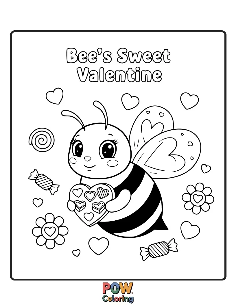 Free coloring page of A busy bee, buzzing with love, delivers a tiny heart-shaped flower to its queen bee on this special Valentine's Day.