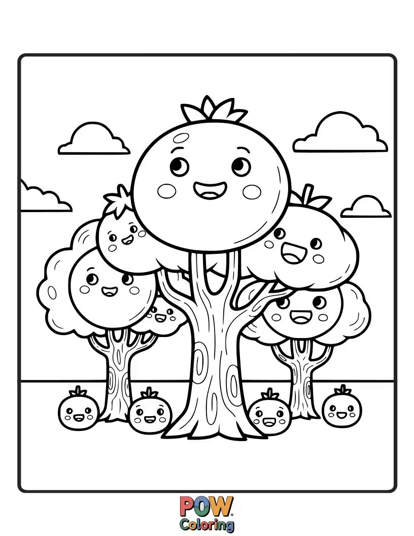 Free coloring page of Friendly trees adorned with plump, juicy berries, ready to share their sweet harvest with everyone.