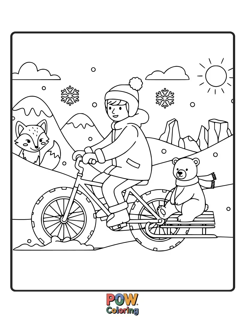 Free coloring page of A sturdy bicycle navigating a snowy wonderland with playful penguins and fluffy snowflakes, a cool journey.