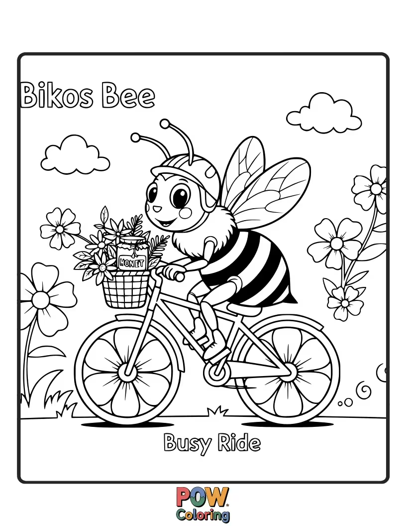 Free coloring page of A delightful bicycle with honeycomb patterns and buzzing bees, capturing the charm of a sunny garden.