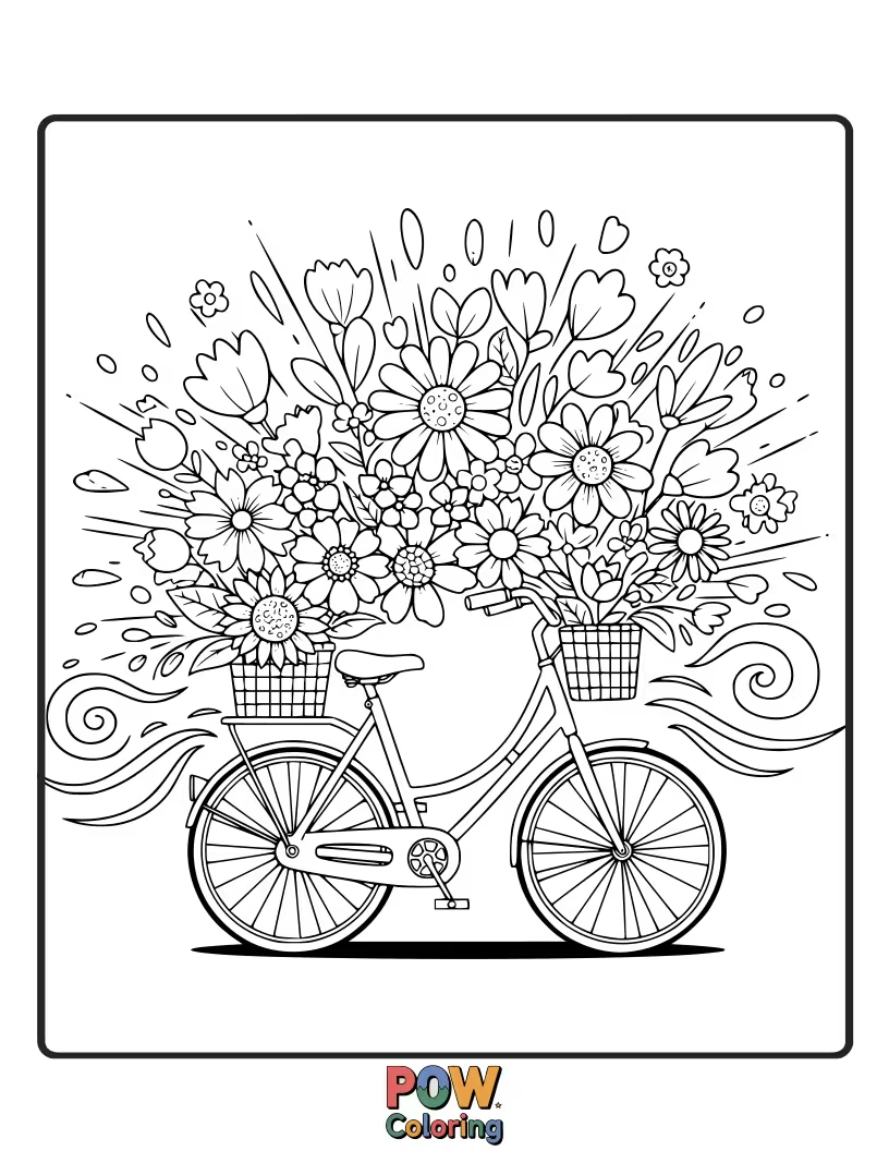 Free coloring page of A whimsical bicycle adorned with an explosion of vibrant flowers, perfect for a burst of spring color and joy.