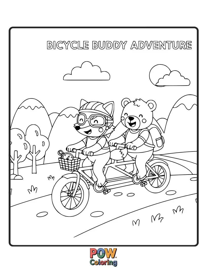 Free coloring page of Two adorable animal friends sharing a cute bicycle, ready for a charming countryside exploration and friendship.