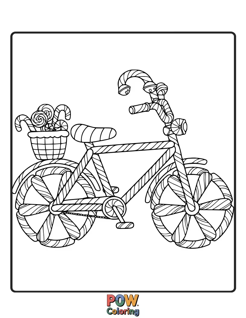 Free coloring page of A festive bicycle decorated with candy canes and festive lights, perfect for a holiday spin.