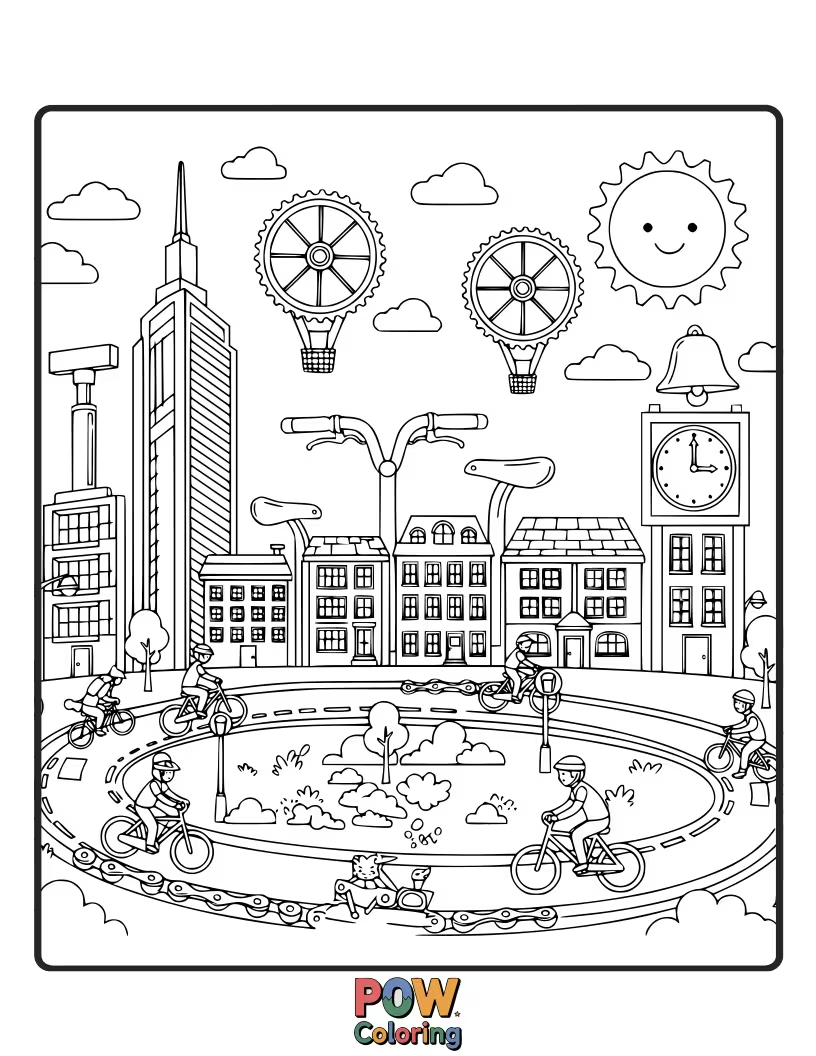 Free coloring page of A stylish bicycle riding through a charming city, with cute buildings and friendly streetlights.