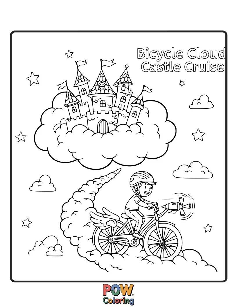 Free coloring page of A fantastical bicycle with wings, soaring towards a magnificent castle in the clouds, pure imagination.