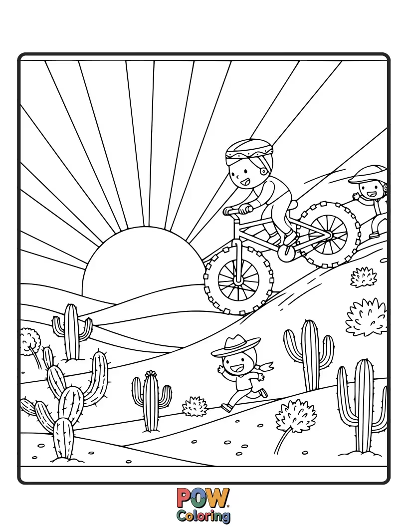 Free coloring page of A cool bicycle cruising over rolling sand dunes under a bright, smiling sun and distant cacti.