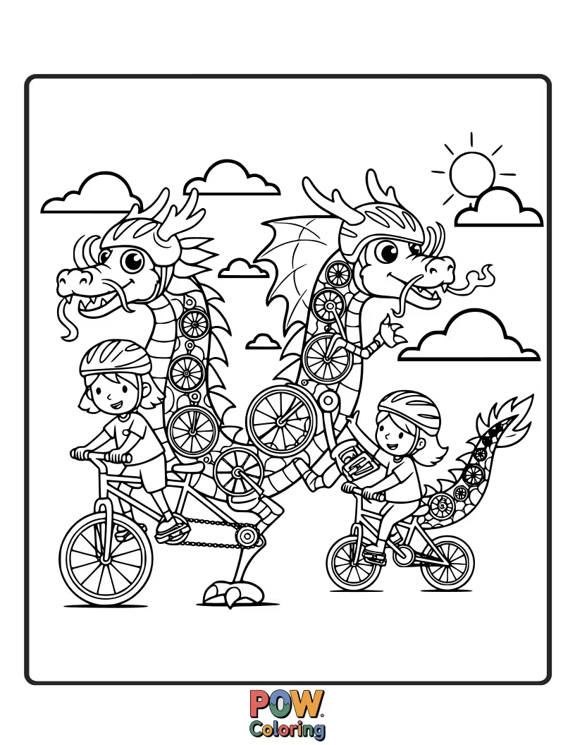 Free coloring page of A brave cyclist and a friendly dragon sharing a whimsical bicycle ride through the clouds.