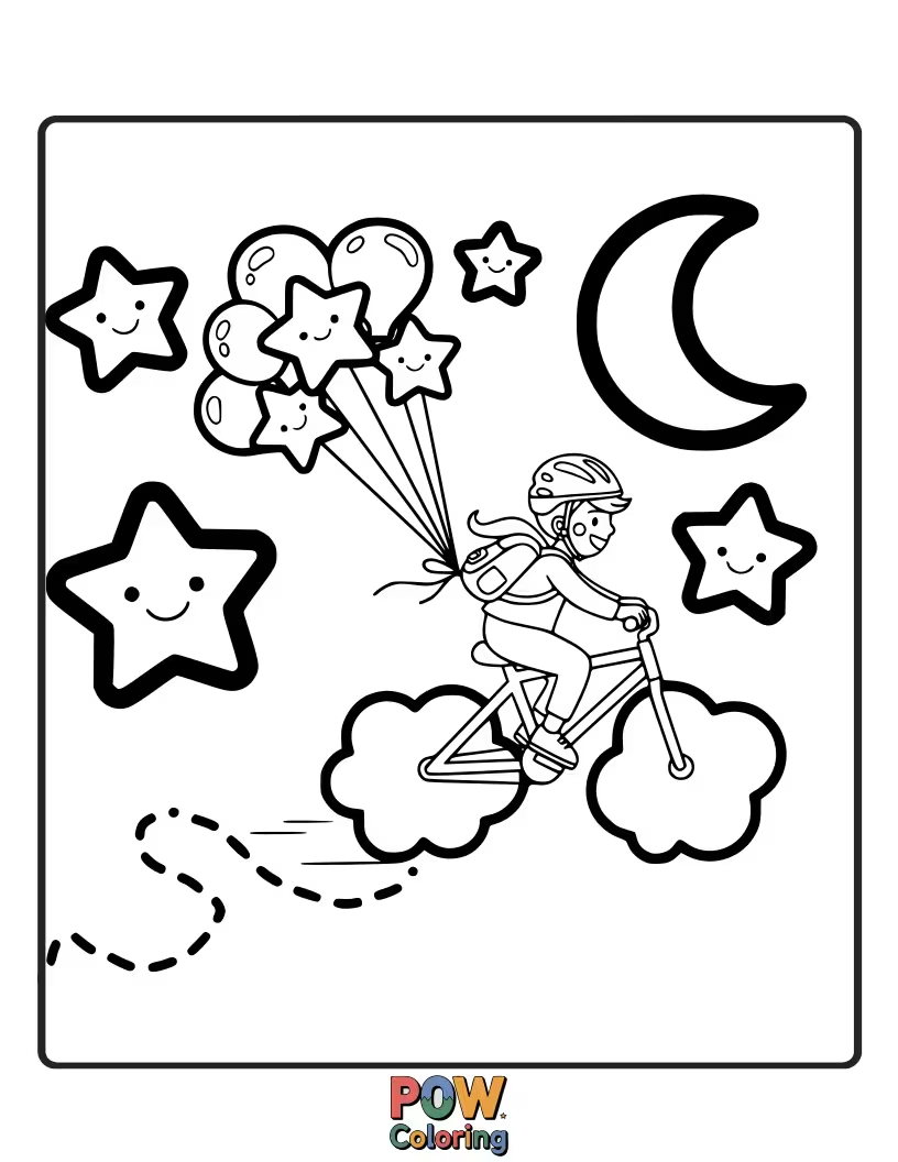 Free coloring page of Imagine a bicycle floating among fluffy clouds and stars, a magical journey for the imagination to color.