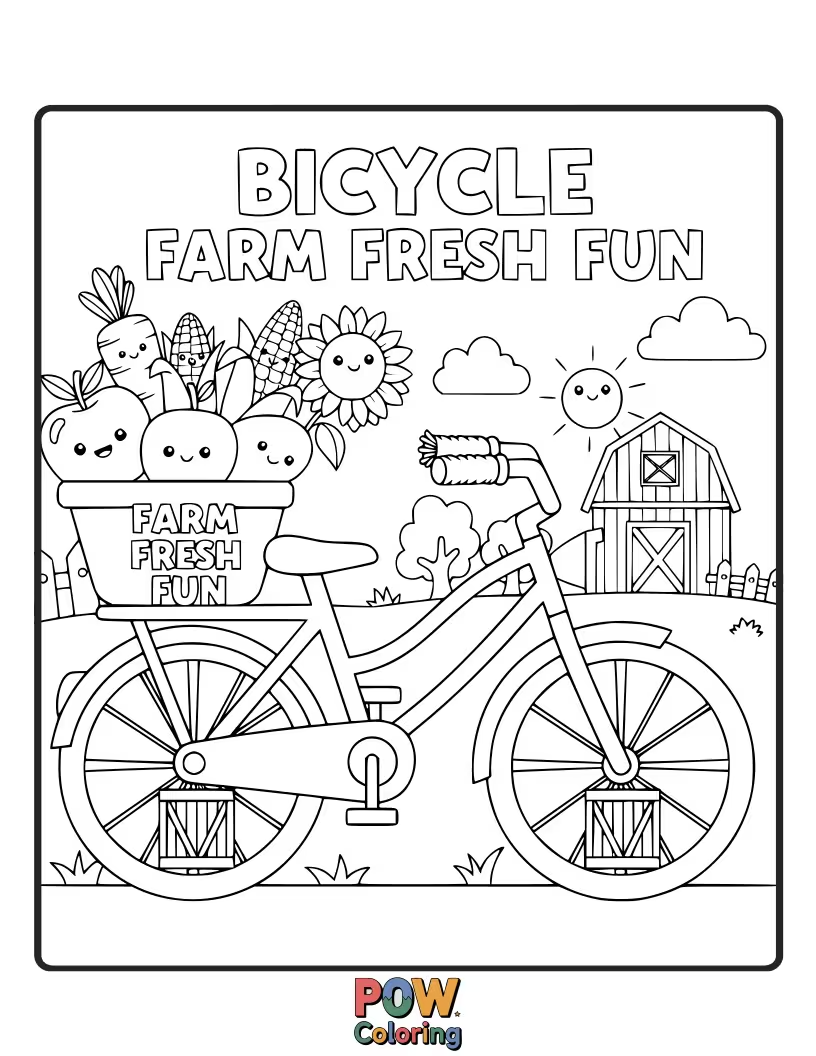 Free coloring page of A rustic bicycle loaded with fresh fruits and vegetables, ready for a delightful farm adventure.