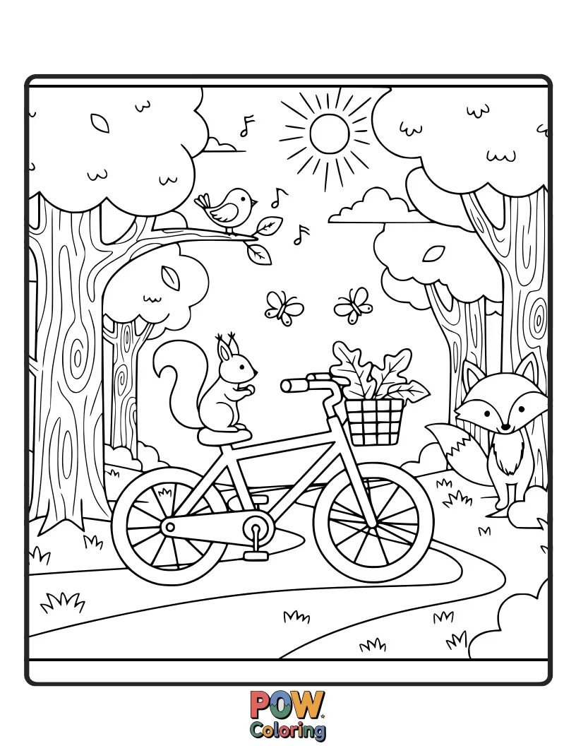 Free coloring page of A playful bicycle weaving through a whimsical forest with friendly mushrooms and happy trees.