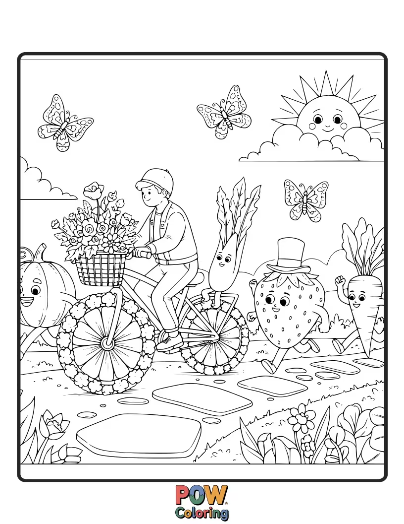 Free coloring page of A pretty bicycle surrounded by blooming flowers, butterflies, and busy bees, a vibrant garden scene.