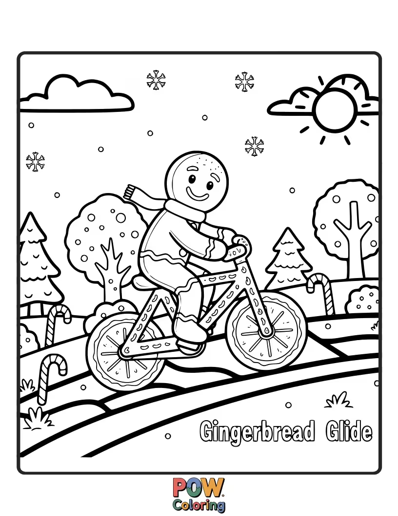 Free coloring page of A sweet bicycle made of gingerbread, surrounded by candy decorations, a delightful baking fantasy.