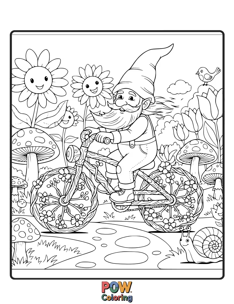 Free coloring page of A quaint bicycle adorned with mushrooms and flowers, ridden by a cheerful garden gnome.