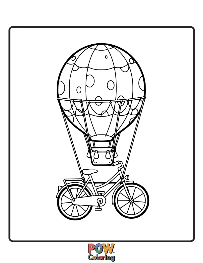 Free coloring page of A bicycle tied to a colorful hot air balloon, ready for a breathtaking aerial journey.