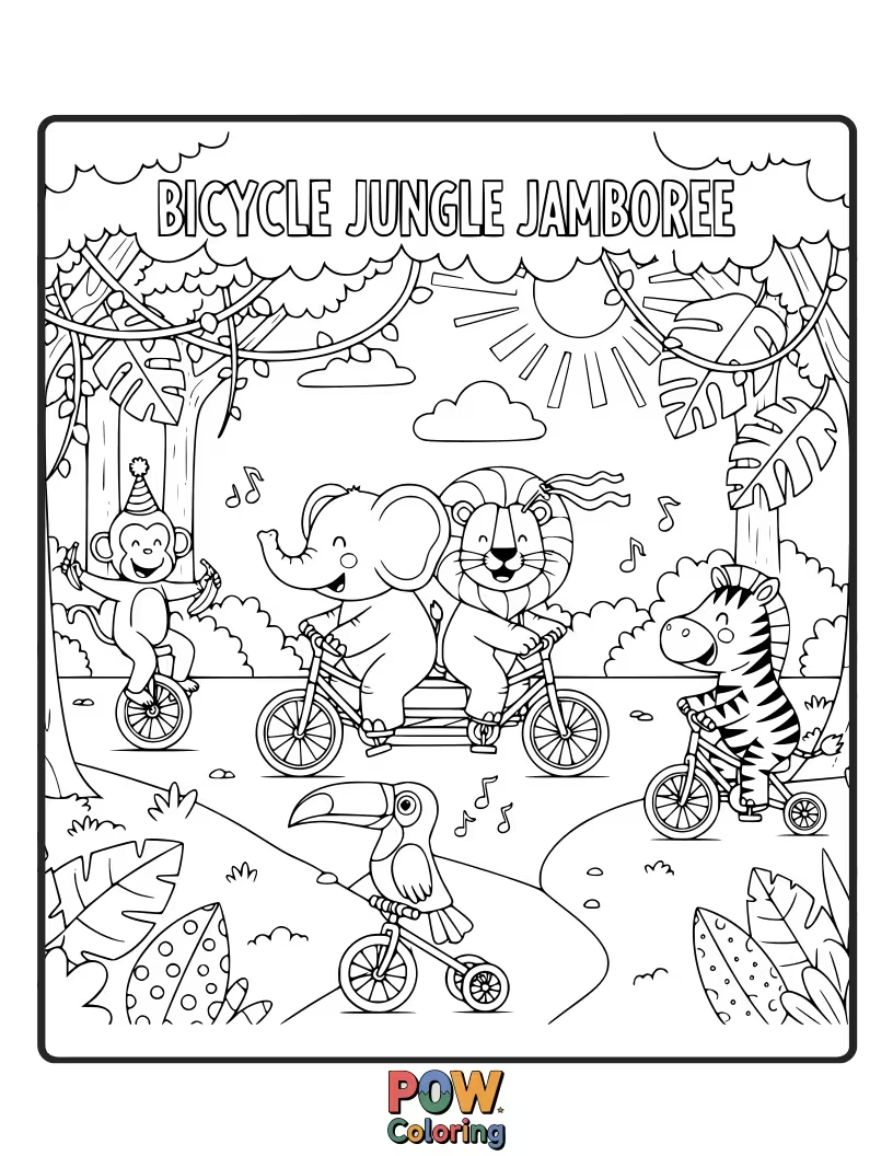 Free coloring page of A quirky bicycle peeking out from behind lush jungle leaves, with curious monkeys and exotic birds.