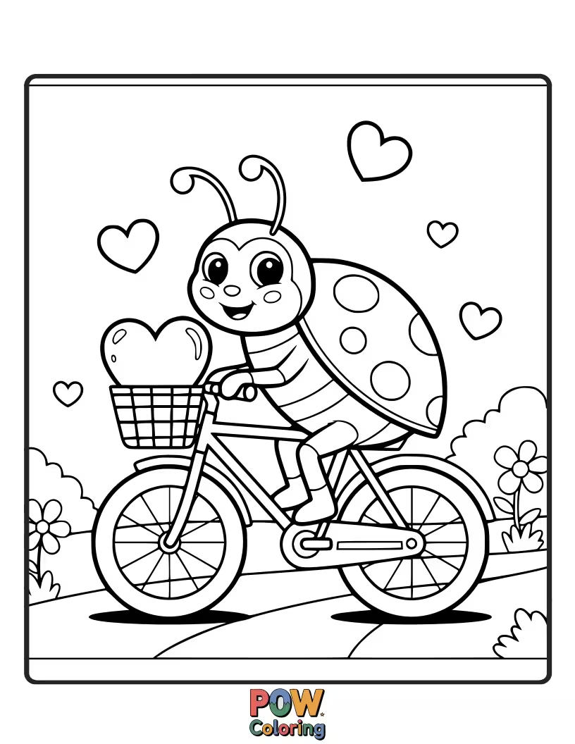 Free coloring page of A tiny, cute bicycle with ladybug wheels and antennae, perfect for a small adventure.