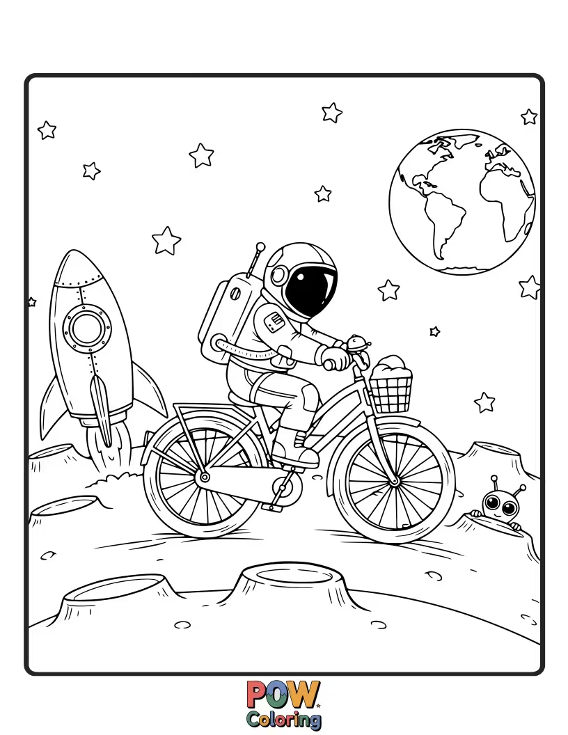 Free coloring page of A brave bicycle parked on the moon, surrounded by craters and a distant Earth, a cosmic trip.