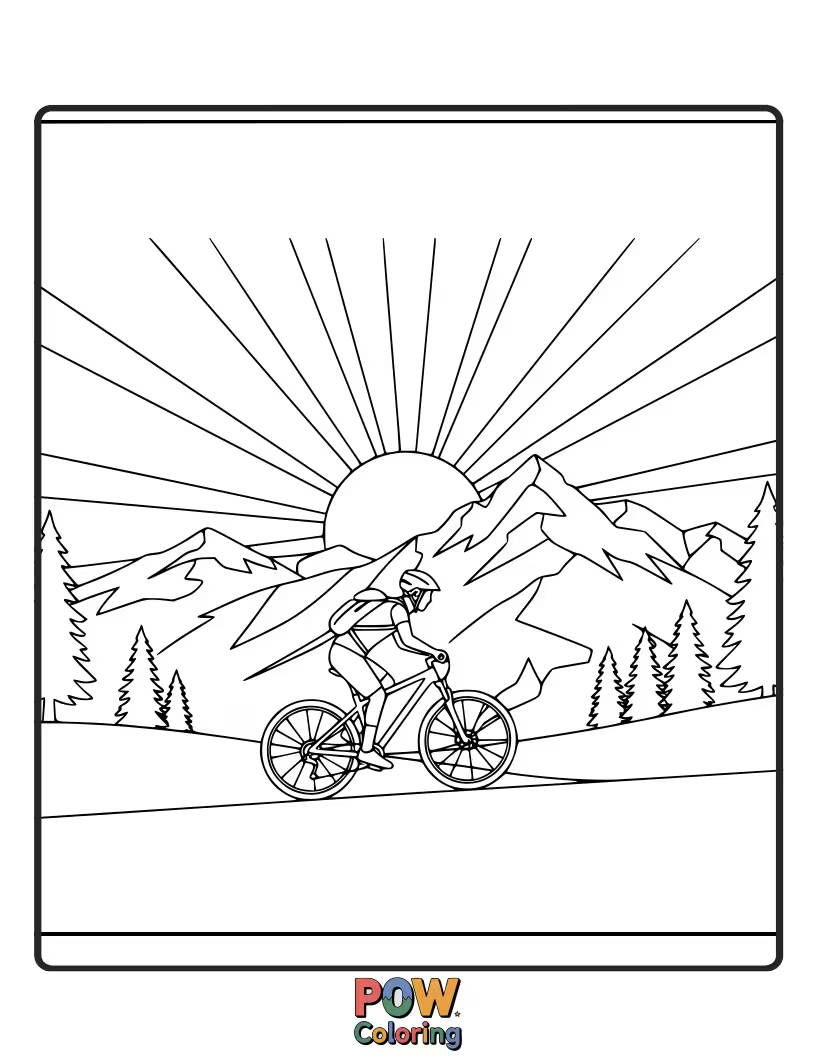 Free coloring page of A strong bicycle conquering a majestic mountain peak, with breathtaking views and soaring eagles.